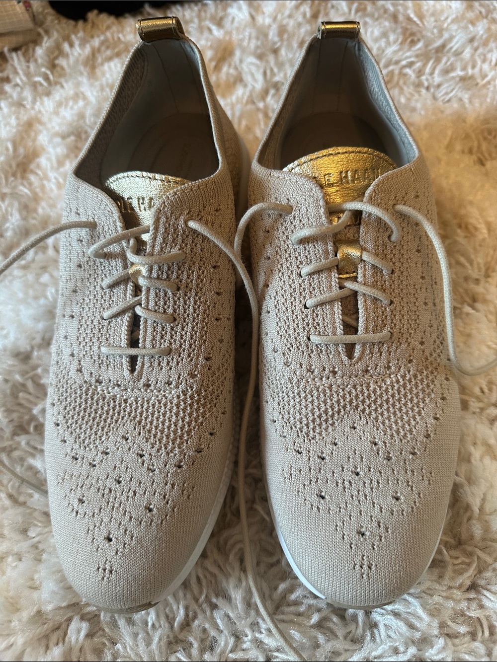 Cole Haan Women's Knit Lace-Up Sneakers in Light Beige with Gold Accent